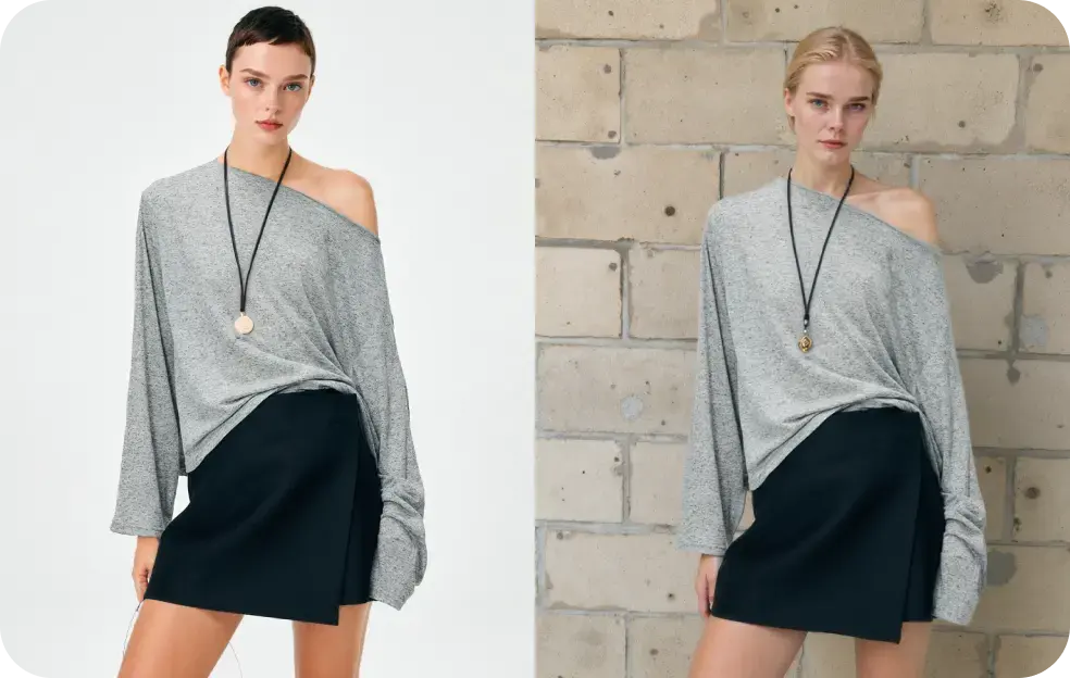A hyper-realistic image of a fashion model generated by an AI outfit changer, showcasing the seamless integration of a new outfit.
